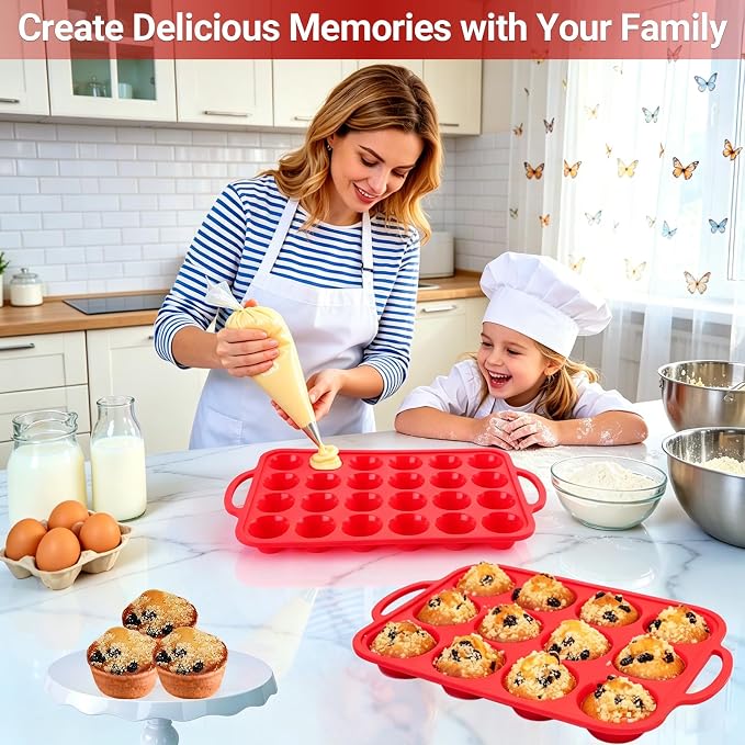 Redfly Silicone Muffin Pans for Baking 12 Cup with Metal Reinforced Frame, Nonstick 2Pack Regular Size Cupcake Pan, BPA Free Food Grade, Easy Release, Dishwasher Oven Freezer Safe for Egg Bite Molds