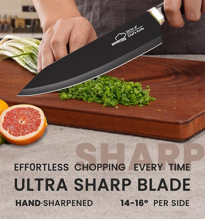Knife Set, 15 Pieces Kitchen Knife Set with Built in Sharpener, German High Carbon Stainless Steel Knife Block Set, Dishwasher Safe, Black, Fathers Day Gift for Men