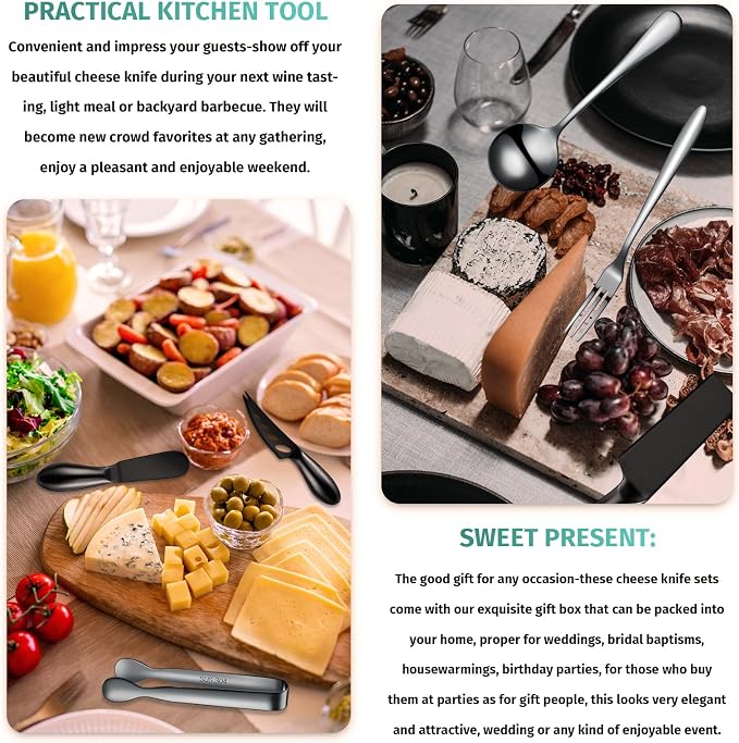 Patelai Charcuterie Board Accessories Cheese Spreader Knife Set Charcuterie Utensils Butter Knife Stainless Steel Mini Serving Tongs Spoons Appetizer Forks for Pastry(Black,18 Pieces)