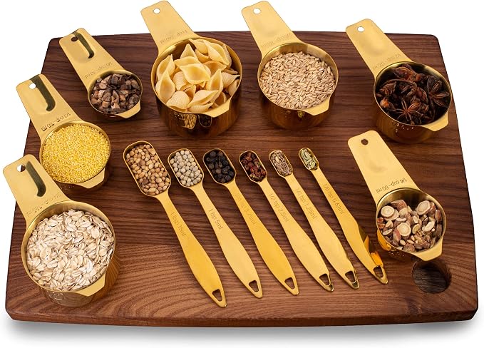 13-Piece Measuring Cups and Spoons Set, 18/8 Stainless Steel, Gold | Clearly Marked US and Metric Measurements, 7 Cups and 6 Spoons Nest for Dry and Wet Ingredients in Cooking and Baking