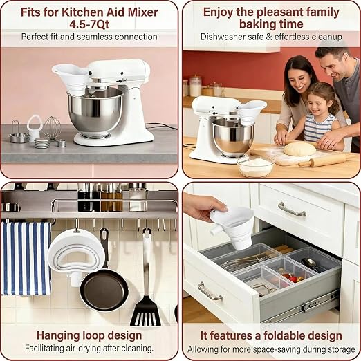 Upgraded Silicone Flour Funnel for KitchenAid Mixers, Foldable Longer Thickened Pour Baking Attachment Accessory, Fits KitchenAid 4.5-7QT Stand Mixer KSM150, Dishwasher Safe(White)
