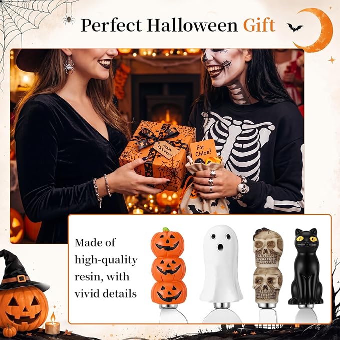 Jingmore 4 Pcs Halloween Cheese and Butter Spreader Knives Decor Pumpkin, Black Cat, Ghost, Skull Hand Painted Resin Handle with Stainless Steel Blade Multipurpose (Cheese Knives Set)
