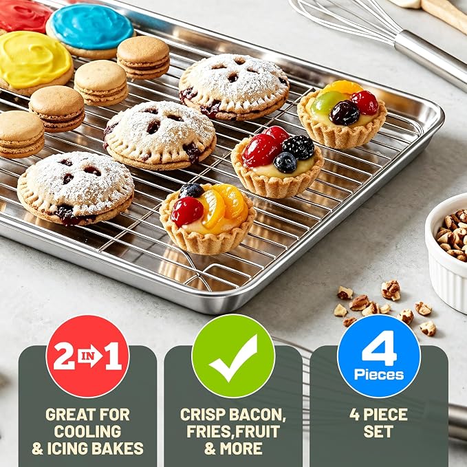 Baking Sheet with Rack Set (2 Pans + 2 Racks), 16 x 12 x 1 Inch Stainless Steel Cookie Sheet Baking Pan Tray with Cooling Rack, Jelly Roll Pan with Wire Rack, Warp Resistant & Heavy Duty & Rust Proof