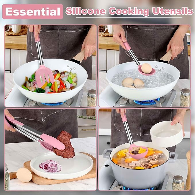 LIANYU Silicone Kitchen Utensils Set of 6, Cooking Utensils Spatula Set for Nonstick Cookware, Heat Resistant Kitchen Gadgets Tools, Stainless Steel Handle, Pink