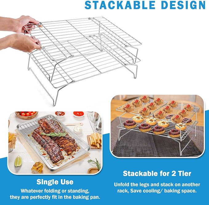 P&P CHEF 16 Inch Baking Sheet with Rack Set, Pans with Stackable Racks | 2 Baking Sheets + 2 Cooling Wire Racks, Dishwasher & Oven Safe, Non-toxic & Lasting Use, Fit for Regular Oven
