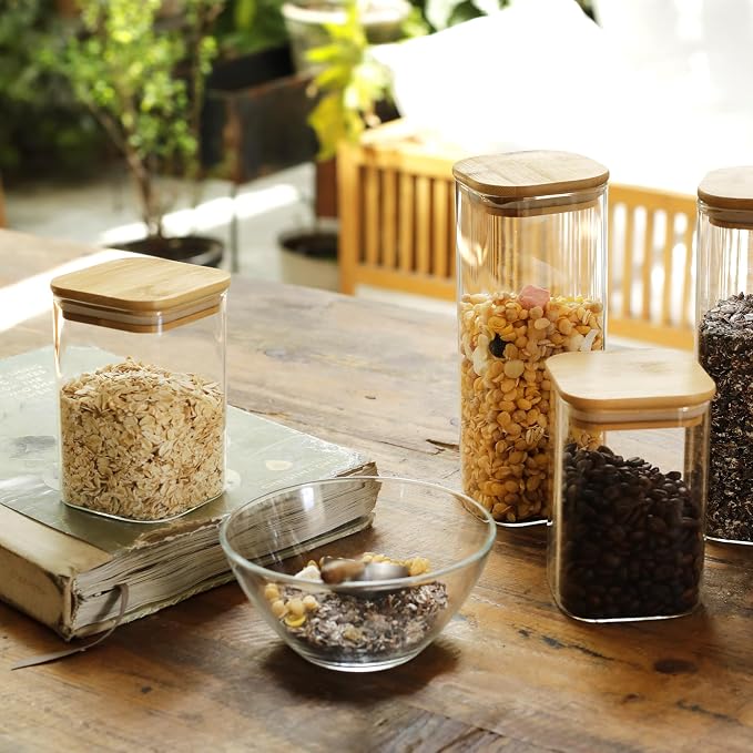 LIBWYS 16-Pack Square Glass Storage Jars with Bamboo Lids (0.6Qt/1.06Qt) | Stackable Dry Food Containers for Pantry Organization, Coffee, Flour, Snacks, Tea, Pasta, Spaghetti | Kitchen Canisters Set