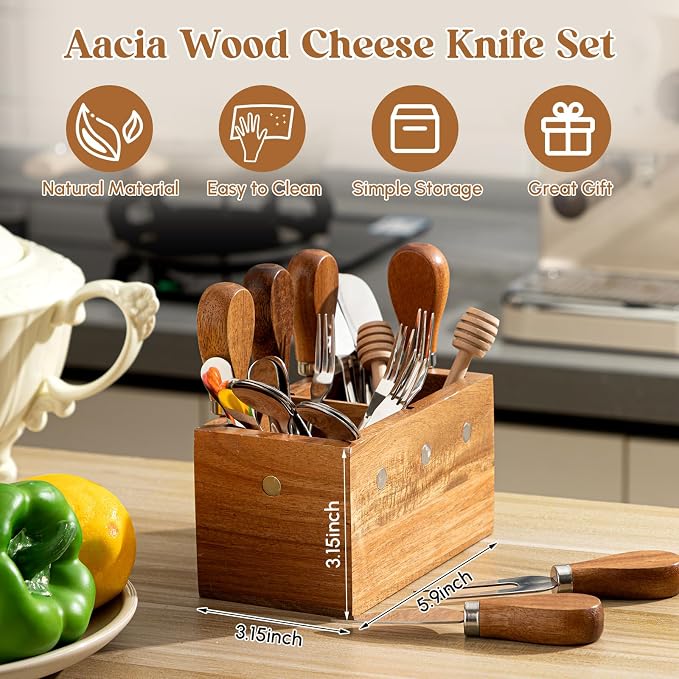 Hushee 44 Pcs Charcuterie Boards Accessories with Magnetic Acacia Wood Holder Wooden Cheese Knife Set for Wood Handle Knives for Cheese Knife Slicer with Tongs, Spoons, Forks, Honey Dipper (Style 2)