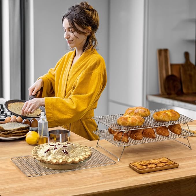 HIWARE Oven-Salf Collapsible Cooling Rack for Baking, 3 Tier 12”x 16.5”, Stainless Steel and Fit Half Sheet, Stackable Wire Cooling Racks for Cookie, Pizza, Cake