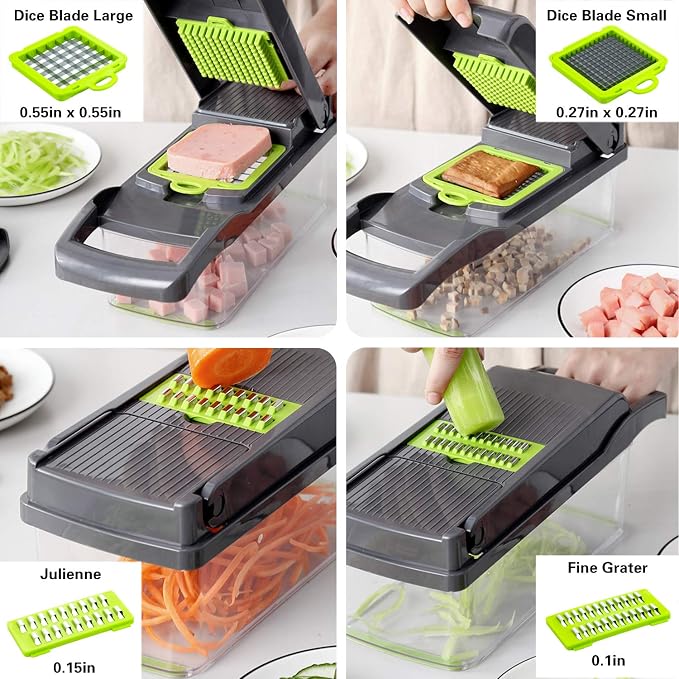 Vegetable Chopper with Container & Lid - 12-in-1 Adjustable Mandoline Slicer & Dicer for Kitchen | Effortless Food Prep for Potato, Carrot, Onion, Fruits & More | Easy to Clean & Store (Grey)