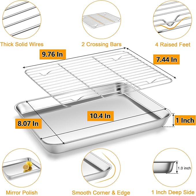 Homikit Small Baking Sheet with Wire Rack for Toaster Oven (1 Pan+1 Rack) | 10.4x8 Inch Stainless Steel Baking Pan with Rack Set, Metal Cookie Sheets Rust Free, Nonstick Bacon Tray Dishwasher Safe