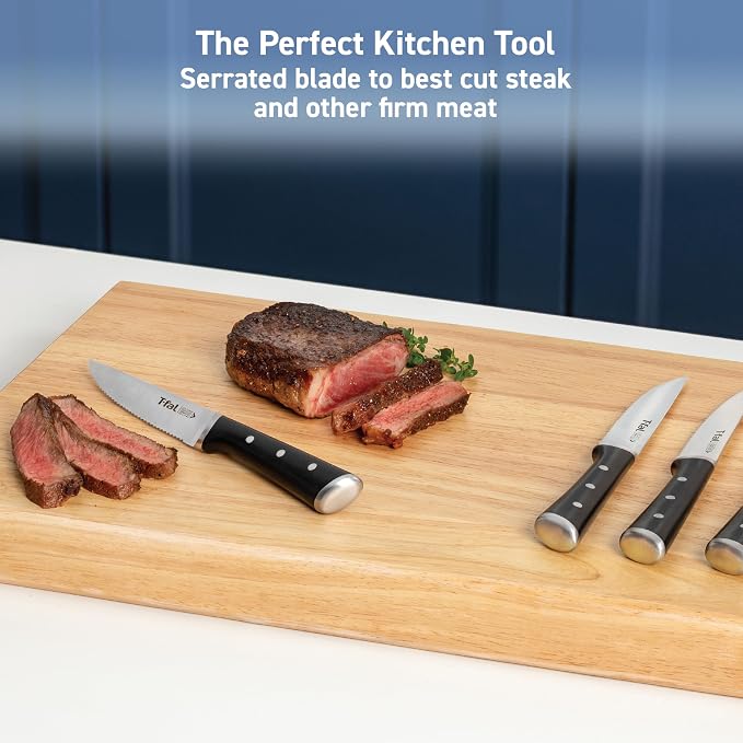 T-Fal Ice Force German Stainless Steel Steak Knife Set 4 Piece, Long Lasting Sharpness, High Cutting Precision, Superior Durability, Ultra Sharp Blades, Cookware Kitchen Knife, Cook Tool, BBQ, Black‌