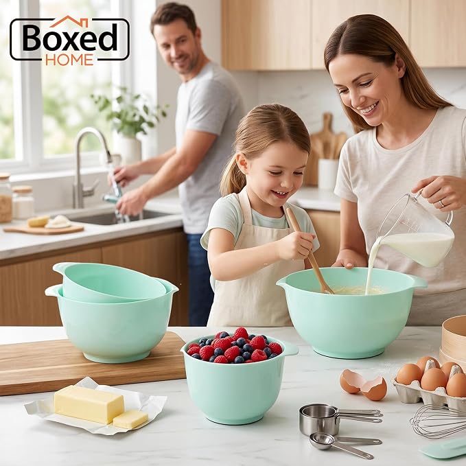 BoxedHome Mixing Bowls Set of 4, BPA Free Plastic,Microwave Safe, Green | 4.5/3.5/2.5/1.7 quarts,Non-slip Base Large Nesting Bowl with Pour Spout, Dishwasher Safe, for Prep, Cooking,Baking