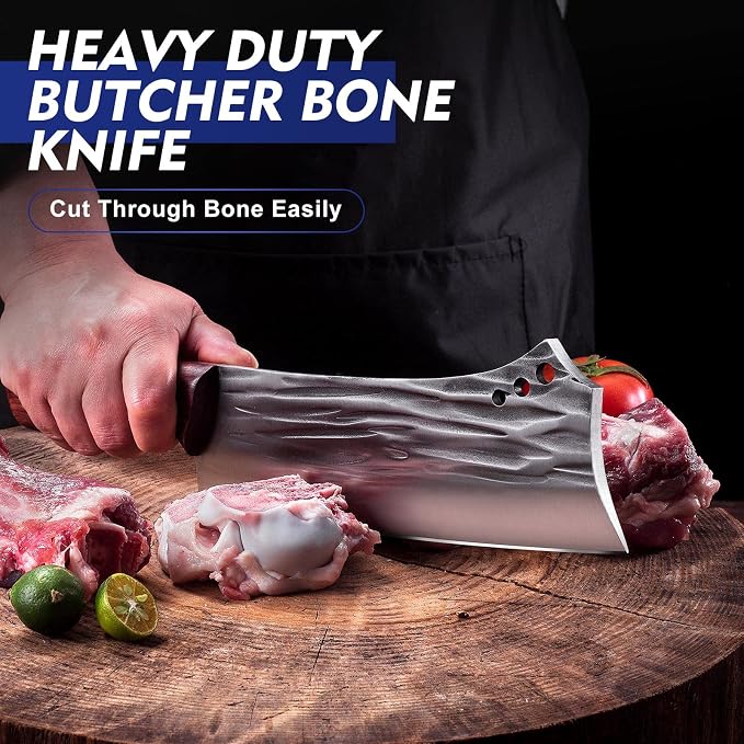 Topfeel 2PCS Meat Cleaver & Heavy Duty Bone Chopper Knife Set, Hand Forged German High Carbon Stainless Steel Butcher Knife for Home Kitchen & Outdoor