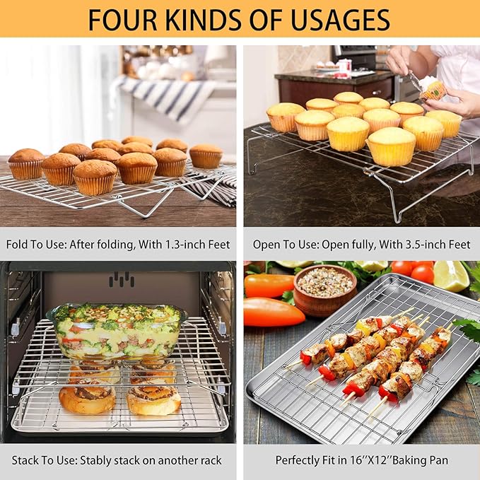 P&P CHEF Cooling Rack Set of 2, 2-Tier 16.5" x 11.4" Stackable Rack, Silver | Stainless Steel Stackable Wire Cooling Racks for Baking Cooking Roasting, Collapsible & Heavy Duty, Oven Safe & Easy Clean