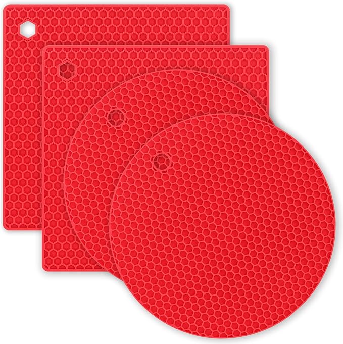 Silicone Trivet Pot Mat, Silicone Pot Holders for Hot Pan and Pot Pads. Heat Resistant Counter Mats for Tables Placemats,Countertops, Spoon Rest and Large Coasters (4Pack Red)