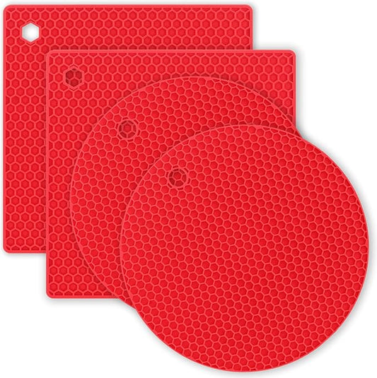 Silicone Trivet Pot Mat, Silicone Pot Holders for Hot Pan and Pot Pads. Heat Resistant Counter Mats for Tables Placemats,Countertops, Spoon Rest and Large Coasters (4Pack Red)