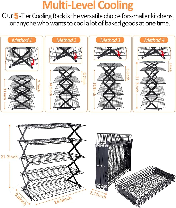 5 Tier Collapsible Cooling Rack, 2/3/4/5-Tier Upgraded,Adjustable ＆ Stackable Baking Rack, 5 Modes Cooling Racks for Cooking and Baking, Roasting ＆ Grilling Gifts for Picnic Party