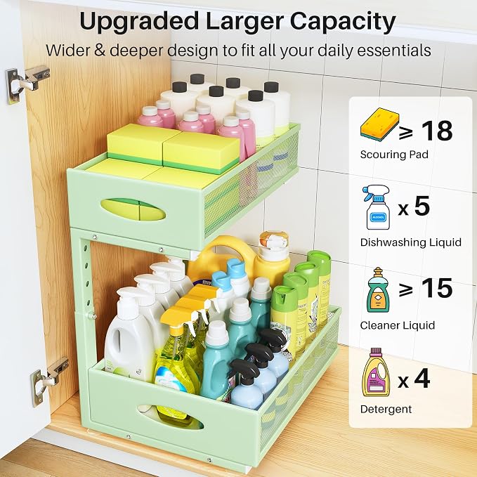 Under Sink Organizer, 2 Tier Pull Out Under Cabinet Organizer Shelf with Pad for Framed Cabinets, Metal Slide Out Under Sink Storage, Mesh Sliding Drawers for Kitchen Bathroom Laundry(Green, 1 Pack)
