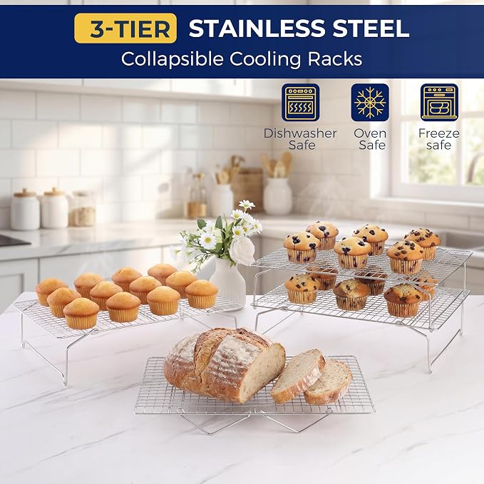 E-far Cooling Rack 15”x10”, 3-Tier Collapsible for Cooking and Baking | Tight-Wire Stainless Steel Cookie Rack for Baking Sheet, Oven, Roasting, Stackable & Space Saving, Dishwasher Safe