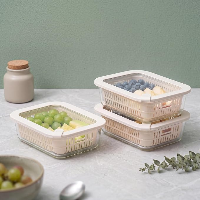 Glass Food Storage Containers with Glass Lids, Microwave Safe Food Container Set, Aitight Meal Prep Container Set, BPA Free, 3 extra Colanders, LeakProof, 3 Pack of 35oz