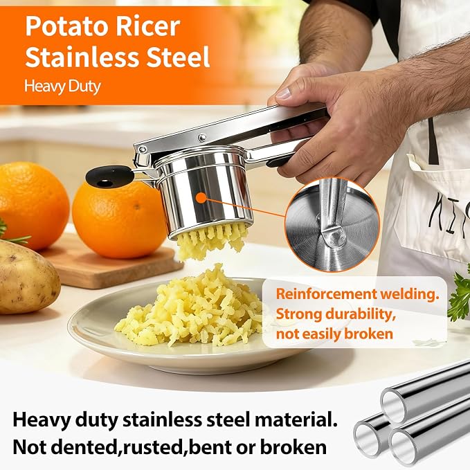 Potato Ricer, Ricer for Mashed Potatoes, 3 Replaceable Discs Potato Masher Stainless Steel for thin/medium/thick Fluffy Mashed Potatoes, Heavy Duty Spaetzle Maker, Dishwasher Safe