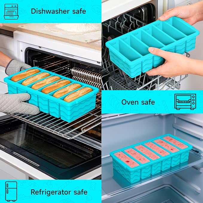 3-Pack Silicone Freezer Trays with Lid, Soup Freezer Container Molds, Silicone Freezer Molds, Ice Cube Tray for freezing Soup Sauce Broth Leftovers, Dishwasher & Oven Safe (1/2-cup,blue)