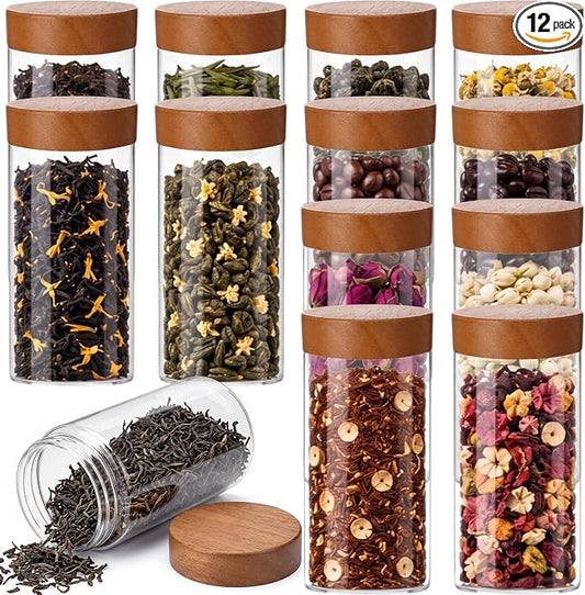 12 Pack 15oz Clear Tea Storage Containers with Airtight Lids 15oz Plastic Food Storage Jar with Acacia Wood Lids for Loose Tea Coffee Sugar Candy Herbs and Spices
