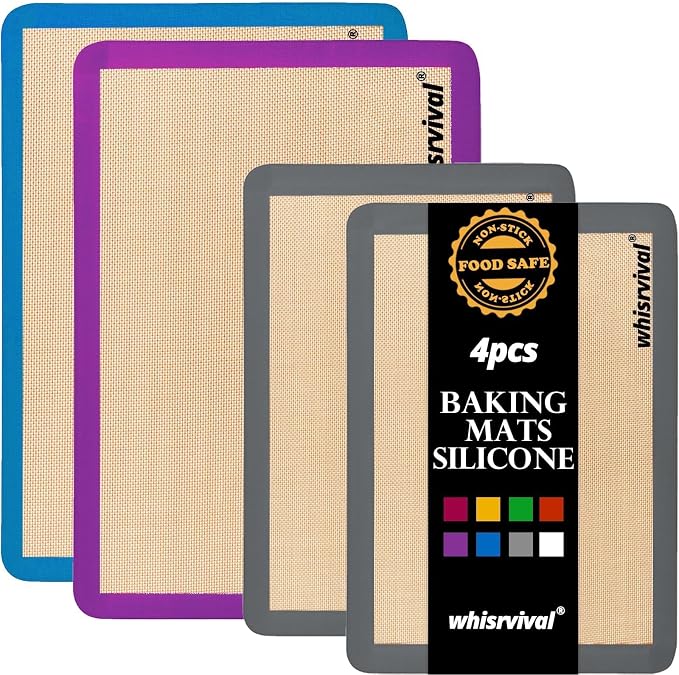 4 Pack Silicone Baking Mat, Non-Stick Silicone Baking Sheet, Food Safe Silicone Mats for Baking, 480℉ Heat Resistant, 2 Half & 2 Quarter (Purple, Blue, Grey) | Food Safe Silicone Mats for Baking, 480℉ Heat Resistant, 2 Half & 2 Quarter (Purple, Blue, G...