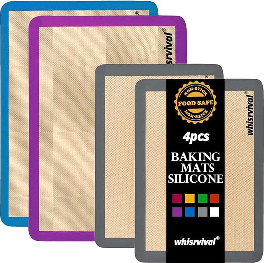 4 Pack Silicone Baking Mat, Non-Stick Silicone Baking Sheet, Food Safe Silicone Mats for Baking, 480℉ Heat Resistant, 2 Half & 2 Quarter (Purple, Blue, Grey) | Food Safe Silicone Mats for Baking, 480℉ Heat Resistant, 2 Half & 2 Quarter (Purple, Blue, G...