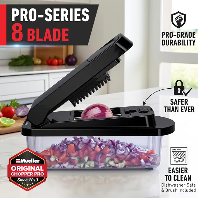 MUELLER HOME Pro-Series 10-in-1, 8 Blade Vegetable Chopper, Mandoline Slicer, Onion Mincer, Cutter, Dicer, Veggie Chopper with Container, Kitchen Essentials, House Warming Gifts New Home, Black