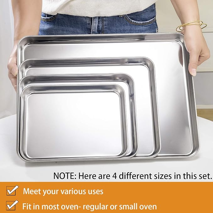 P&P CHEF 16 + 12.5 + 10.4 + 9 Inch Baking Sheet & Rack, Pan and Wire Rack | 8 Pcs (4x Cookie Sheets + 4x Cooling Racks), 4 Sizes, Stainless Steel Oven Pans Trays with Wire Racks, Oven & Dishwasher Safe