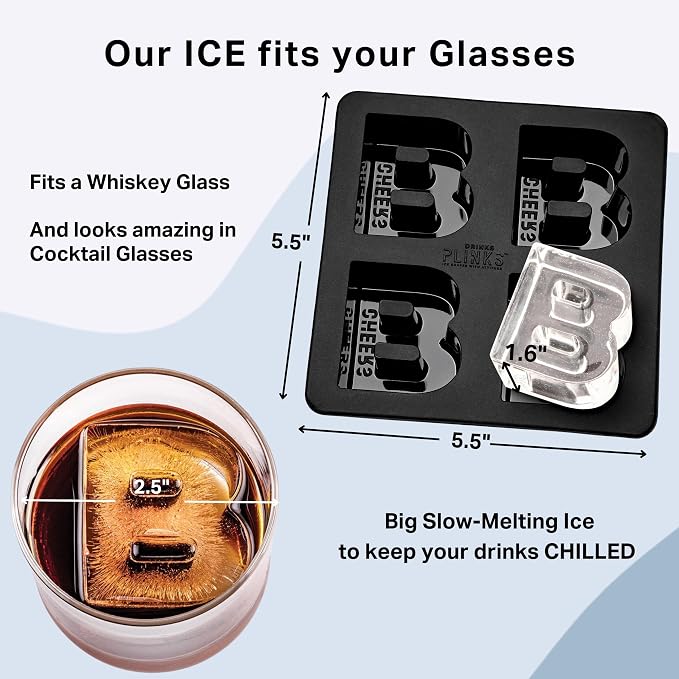 DRINKSPLINKS Custom Letter B Ice Cube Mold. Monogram Ice Cube Mold with Initials. Large Monogrammed Silicone Trays for Bourbon, Whiskey and Cocktails. Fun, Customized Gifts for Men and Women.
