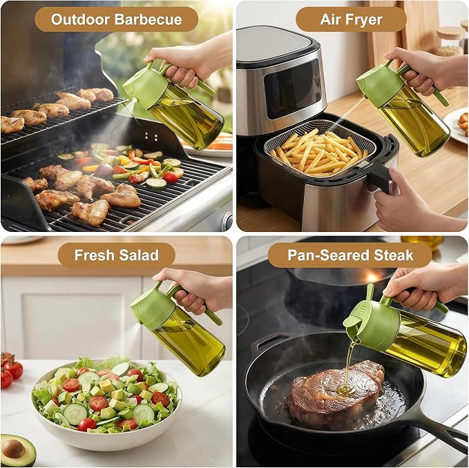 Poshetion 2 in 1 Olive Oil Sprayer for Cooking, 16oz Light-Proof Oil Dispenser for Kitchen, Leak-Proof Oil Spray Bottle for Air Fryer, Salad, BBQ, Baking, Grilling - Green & Green