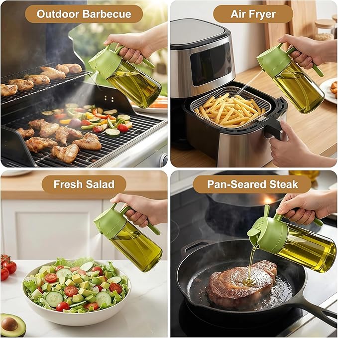 Poshetion 2 in 1 Olive Oil Sprayer for Cooking, 16oz Light-Proof Oil Dispenser for Kitchen, Leak-Proof Oil Spray Bottle for Air Fryer, Salad, BBQ, Baking, Grilling - Green