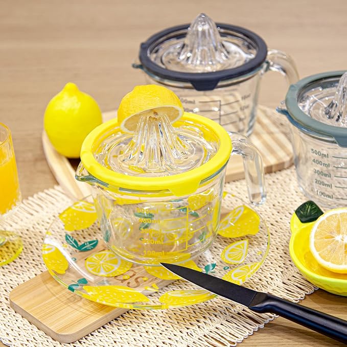 Cartman Glass Citrus Lemon Orange Juicer, Yellow Manual Hand Squeezer, Glass Citrus Reamer, Lemon and Lime Manual Squeezer,Kitchen tool,Ounce Measuring Cup