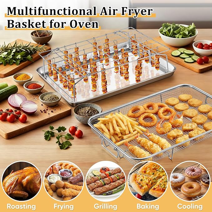 E-far Air Fryer Basket for Oven, Large Stainless Steel Baking Sheet Pan and Crisper Tray with Collapsible Cooling Rack & 38 Skewers for Oven Cooking Air Frying Roasting Grilling, Dishwasher Safe