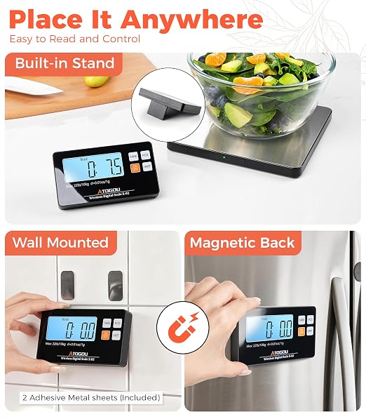 Atogou Wireless Kitchen Scale, 22lb/10kg Food Scale with Detachable Display | 0.01oz/1g Precision, Larger Platform, 9 Units, Counting Function, Stainless Steel, for Cooking, Baking, Shipping, Silver
