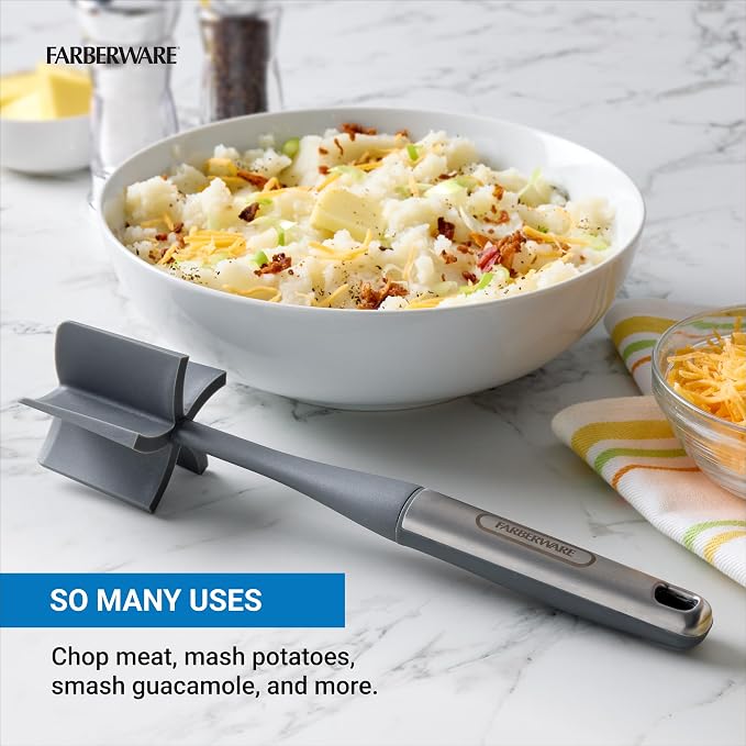 Farberware Pro Meat Masher and Potato Masher with Soft-Touch Handle, Ground Beef Chopper Tool, Heat-Resistant to 450F, Dishwasher Safe, Grey