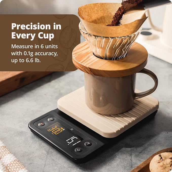 Greater Goods Coffee Scale with Timer, 0.1g Precision for Espresso & Matcha | Digital Pour-Over Scale with Waterproof Silicone Cover, Backlit Display & 6.6lb Capacity for Chemex, V60, Drip (Birch White)