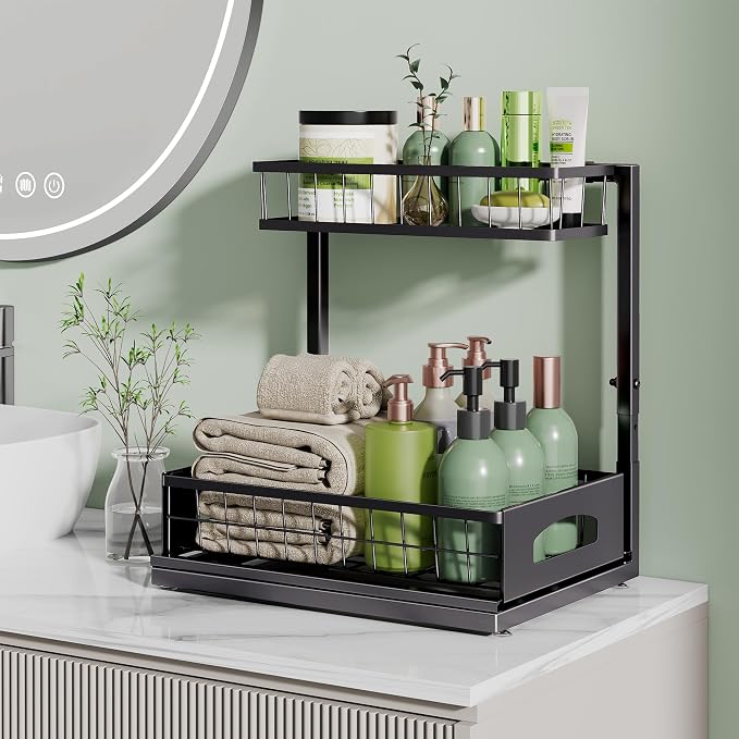 Under Sink Organizer, 2-Pack L-Shaped Metal Pull-Out Drawers for Kitchen | Cabinet Organizer Height Adjustable Heavy Duty Metal 2-Tier Storage Fits Beside Common Pipes for Bathroom Pantry