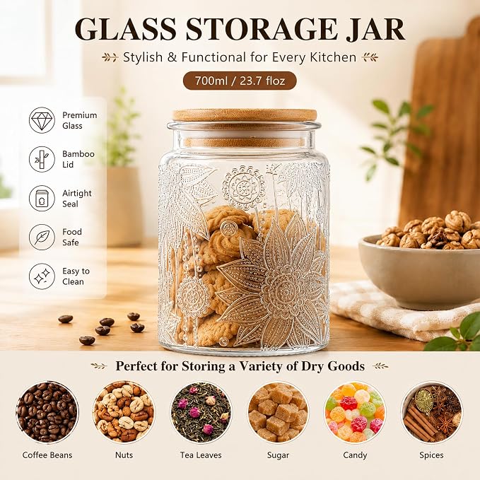 Vintage Glass Jars With Lids, 23.7oz Airtight Food Storage Containers,Kitchen Canisters For Sugar, Coffee, Tea, Spice, Flour, Candy Cookie, Pasta, Cereal, Cute Decorative Jars(Sunflower*1)