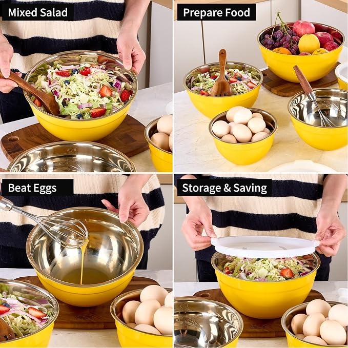 Yellow Mixing Bowls with Lids Set of 7, Stainless Steel Nesting Bowl with Khaki Lid for Non-slip Mixing Prepping Storing Serving, 7 Sizes-7/3.6/2.7/2.1/1.5/1/0.8 QT