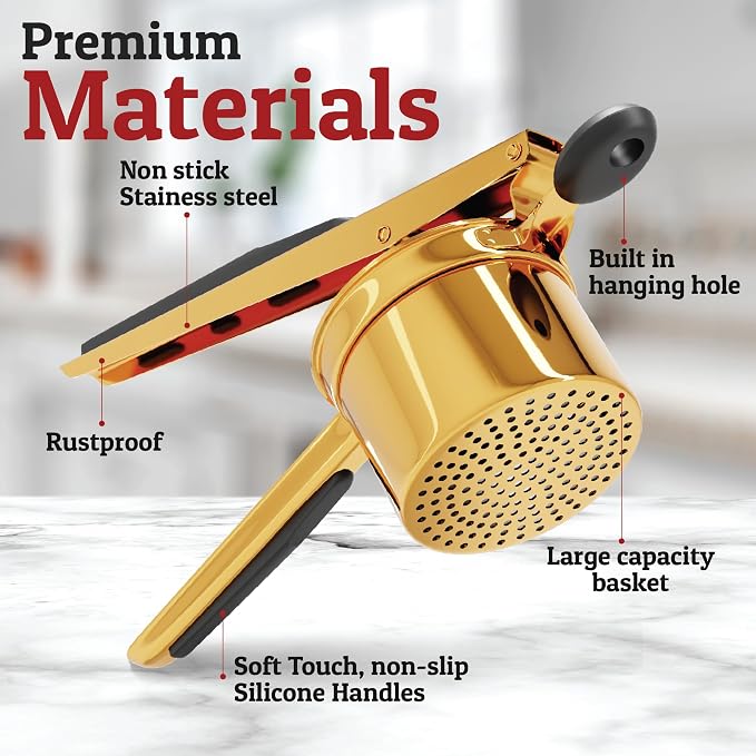 PriorityChef Large 15oz Potato Ricer With 3 Discs, Heavy Duty Stainless Steel Potato Ricer for Mashed Potatoes, Potato Masher, Press and Ricer Kitchen Tool, Gold Steel Black Silicone