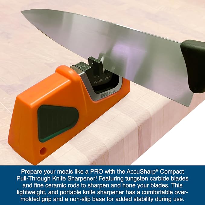 AccuSharp Compact Pull-Through 2-Stage Knife Sharpener - Diamond-Honed Tungsten Carbide Rust-Free Quickly Sharpens, Restores, Repairs & Hones Chef Knives, Orange/Green