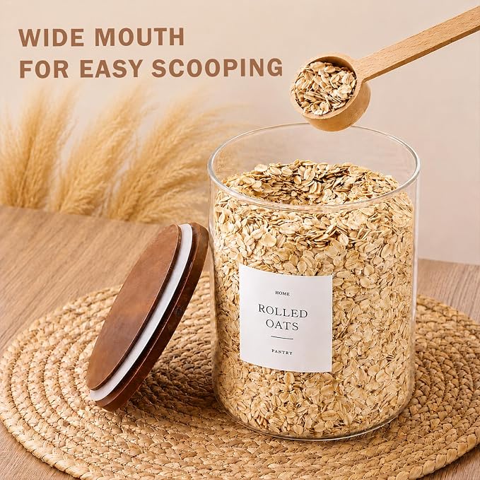 2 Pack Glass Containers with Acacia Lids, 70oz Pantry Airtight Storage Jars | Large Kitchen Canisters with 105 Labels, Pantry Food Storage Containers with Wood Lids for Pasta, Flour, Rice, Cereal