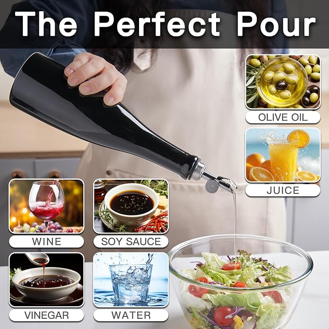 YOLIFE Olive Oil Dispenser Bottle, 17oz/500ml Ceramic Oil Bottle (Black) | Oil Dispenser with Gravity Spout, Leak Proof EVOO Dispensing Bottle with 2 Spouts and 1 Funnel for Vinegar, Kitchen