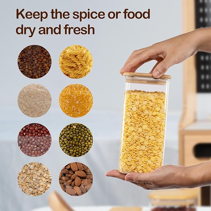D2scrma 50oz Airtight Glass Square Storage Canister with Bamboo Lid Set of 3 (1500ml) Container Stackable Spice Jar, Kitchen Canister for Flour, Cookies, Cereal and Coffee beans (‎with Black Lable)