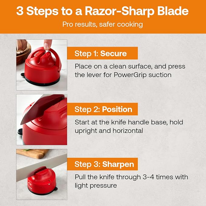 AnySharp – Evo – Hands Free Knife Sharpener - Easy to Use Sharpening Tool with Improved PowerGrip Suction Base and 20-Deg Pre-Set Angle - for All Knives: Chef's, Serrated, and Hardened Steel - Red