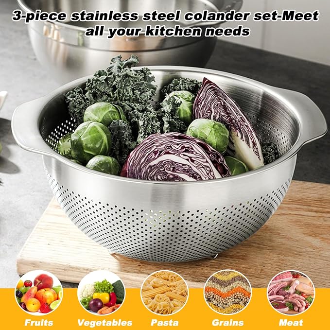 3 Pcs Stainless Steel Colander Strainer Set Metal Colander for Kitchen Pasta Strainer for Rice Food Fruits Spaghetti Vegetables (2QT, 3QT, 5QT)