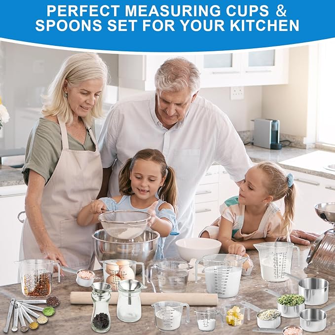 Measuring Cups and Spoons Set 26 Piece, 11 Stainless Steel Nesting Measuring Spoons and Cups with 8 Plastic Measuring Cup, 3 Funnel, 3 Brush, 1 Ruler, Measuring Cup Set for Kitchen Baking Liquid Dry